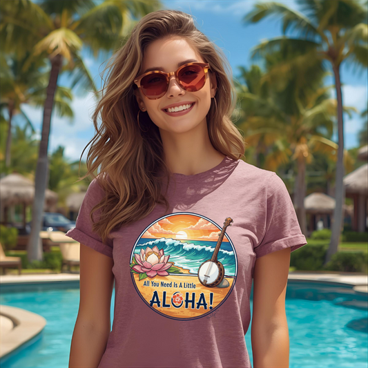 Woman wearing a mauve t-shirt with a tropical design and 'Aloha' text by NostalgicTee
