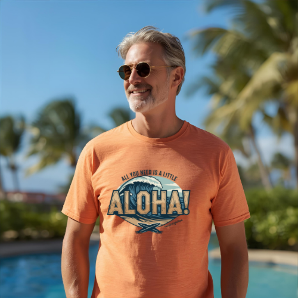 Older man wearing a graphic t-shirt by NostalgicTee ALOHA