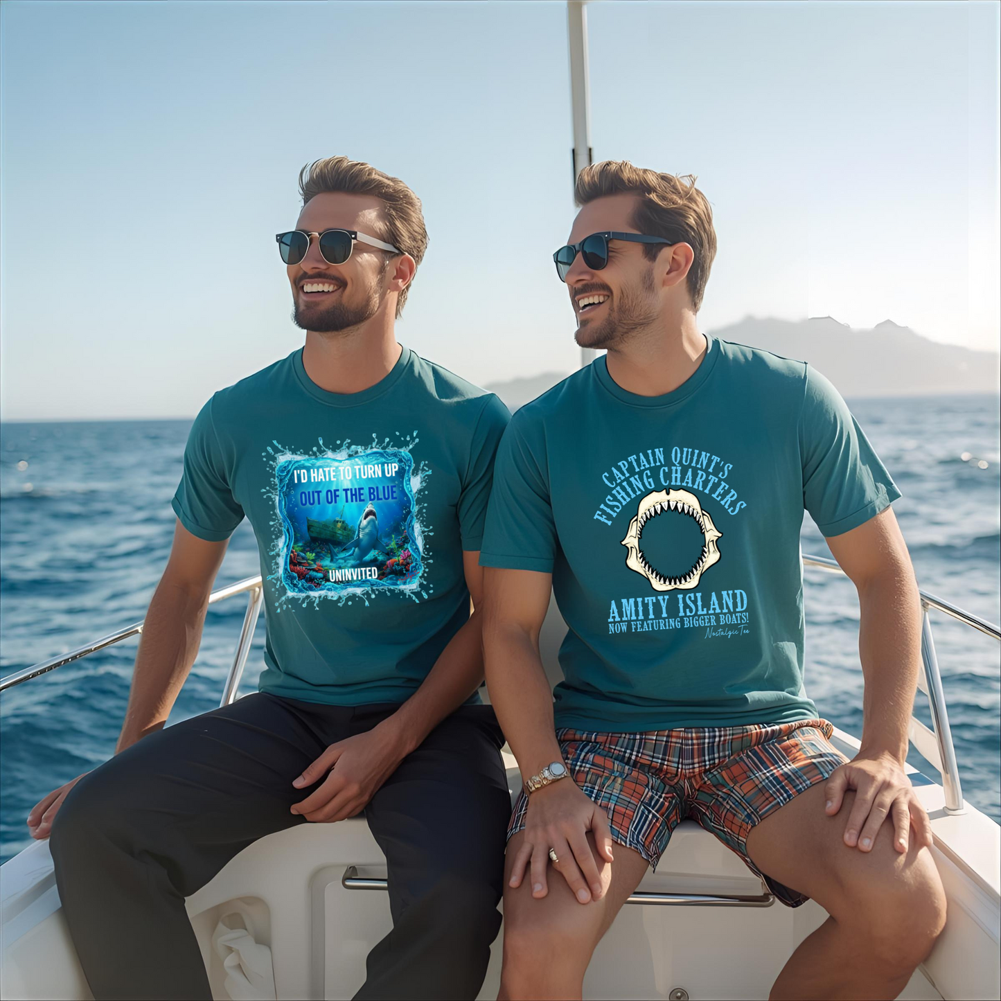 Two men on a boat wearing matching blue t-shirts with fishing-themed designs.