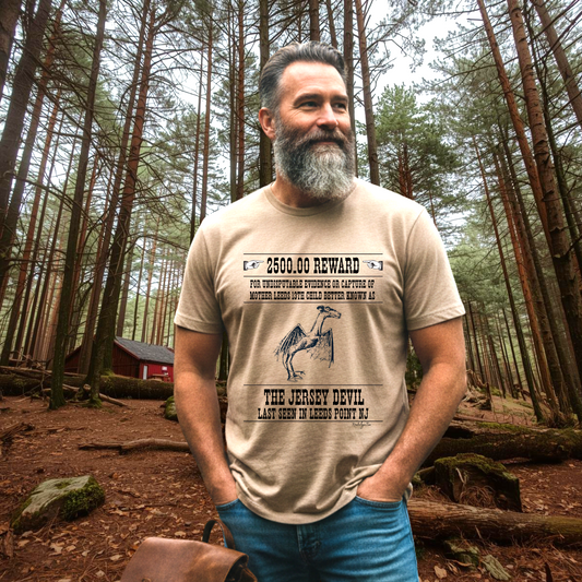 Man wearing a t-shirt with Jersey Devil Picture in the Pine Barrens