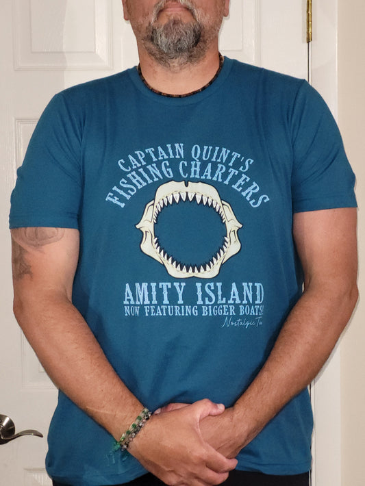 Shark Jaws Amity Island Captain Quint Men's T shirt by NostalgicTee