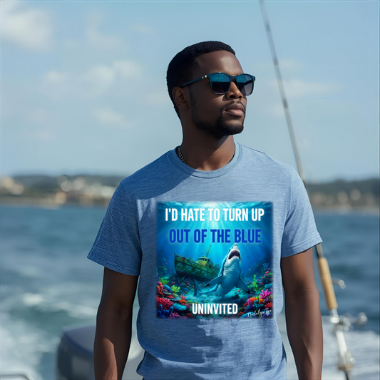 Man wearing a t-shirt with a shark graphic and text on a boat with ocean background