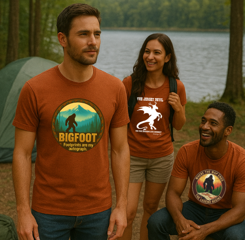 People were bigfoot and Jersey Devil T-Shirts in the woods.