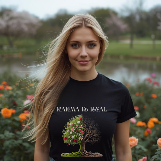 Woman wearing a black t-shirt with KARMA IS REAL and a tree graphic in a park setting.
