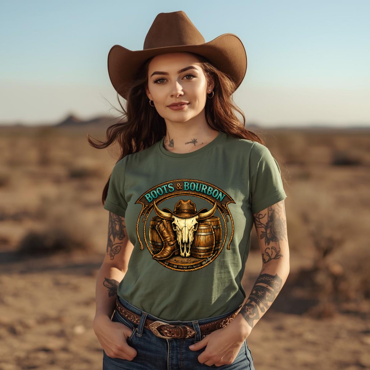 Woman wearing a country western top with tatoos
