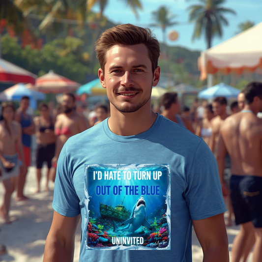 Man at a beach party wearing his shark tee