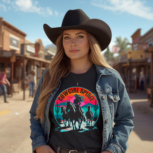 Woman wearing a cowboy hat and 'Cowgirl Spirit' t-shirt in a western town setting