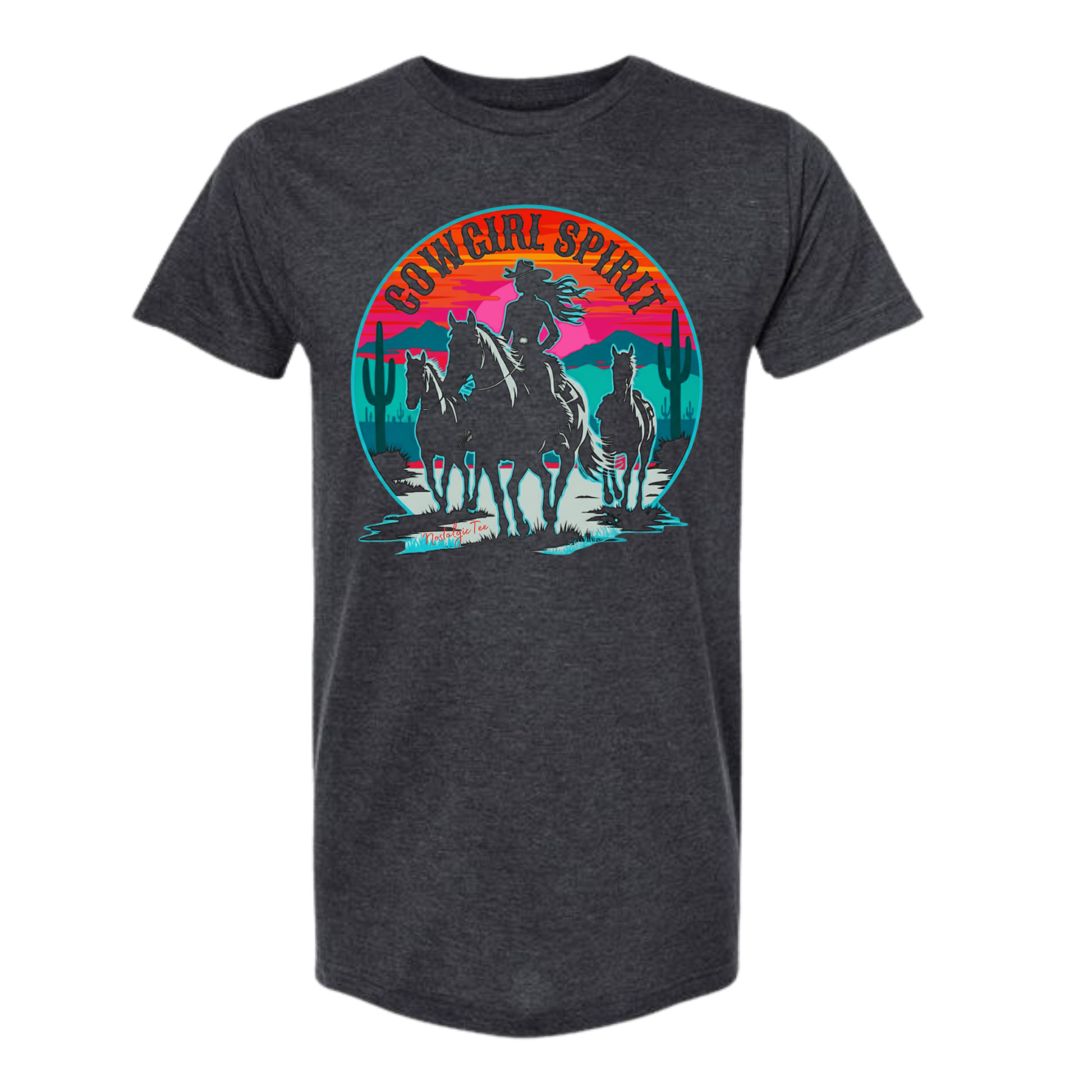Country girl on her horse riding into the sunset graphic t-shirt