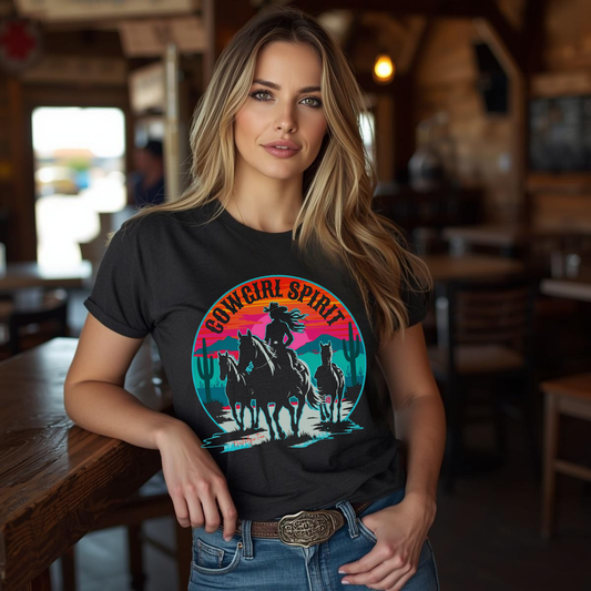 Woman wearing a black t-shirt with 'Cowgirl Spirit' design in a rustic setting