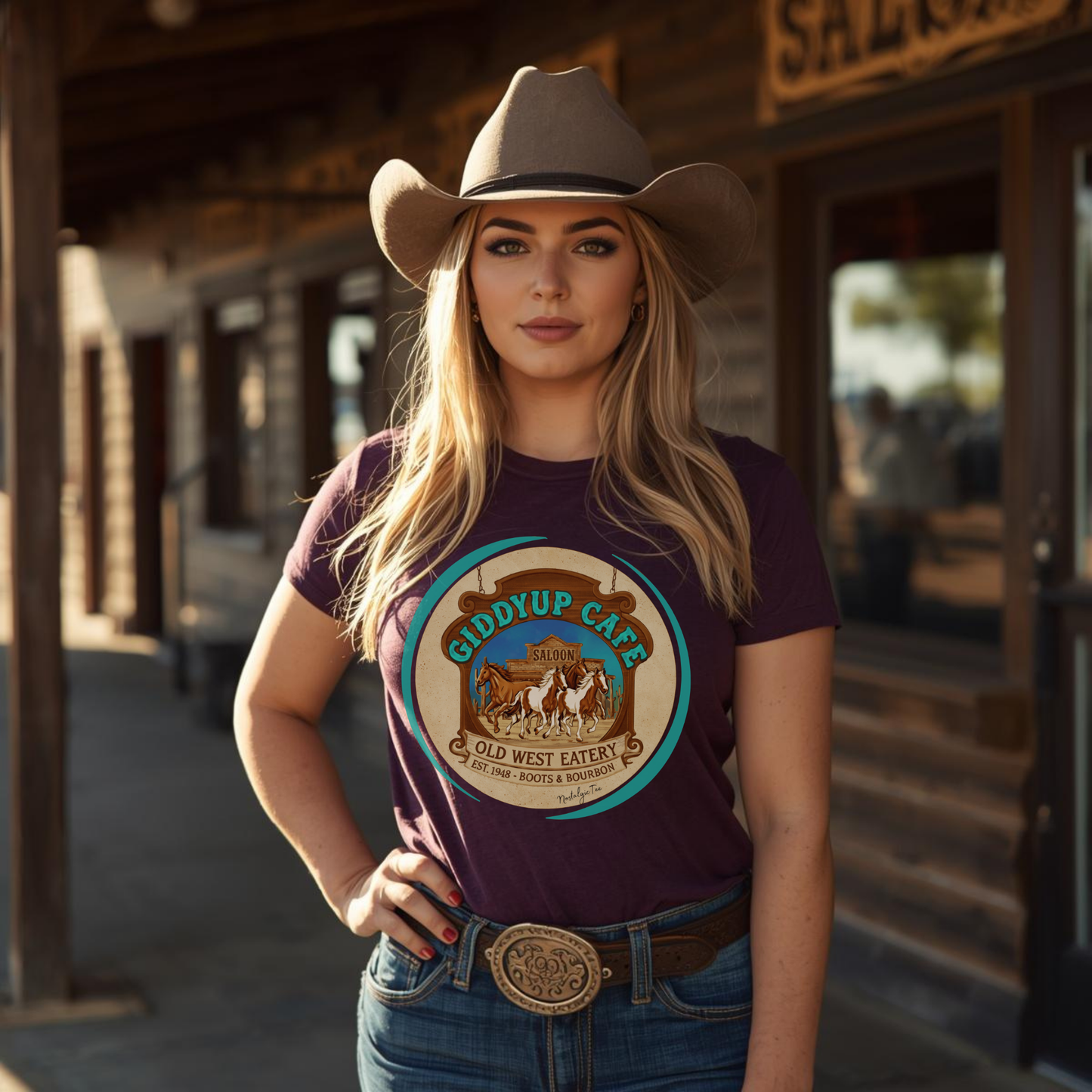 Woman wearing a cowboy hat and a t-shirt with horses Giddyup