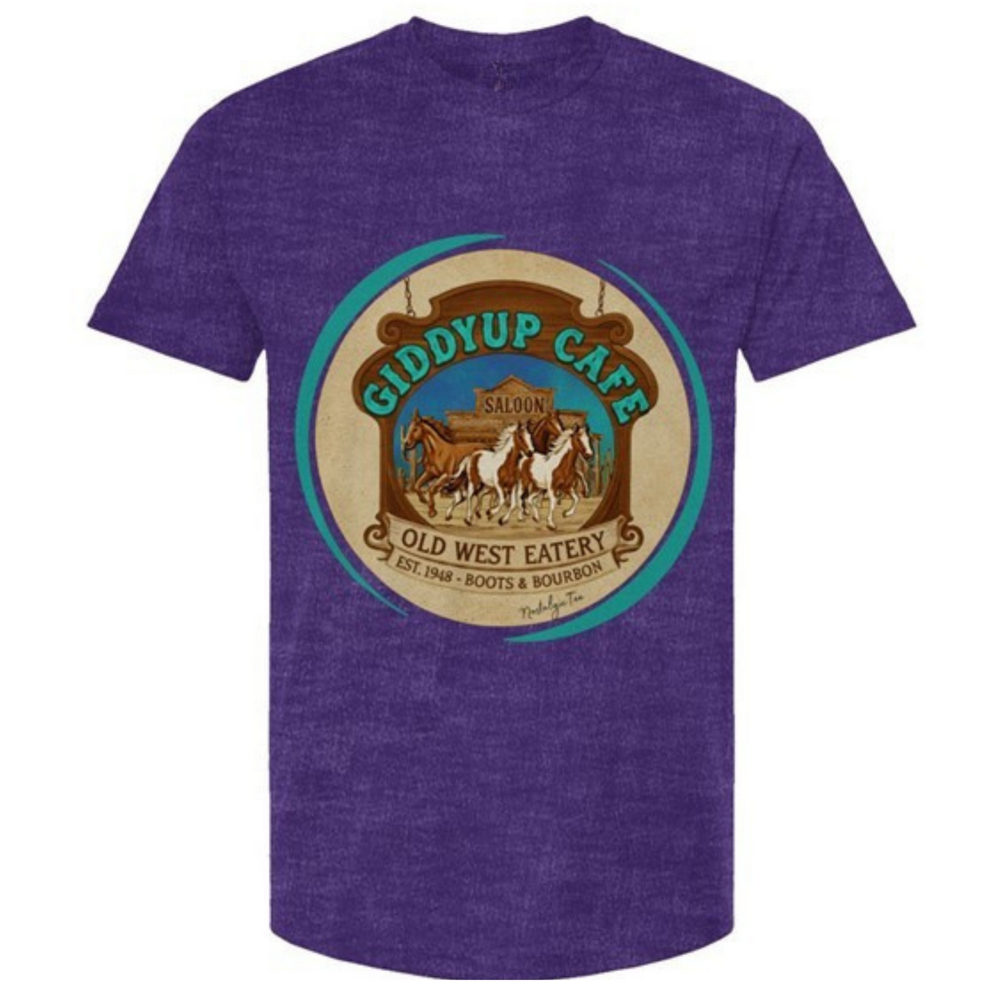 Purple t-shirt with 'Giddyup Cafe' graphic design on a background with horses