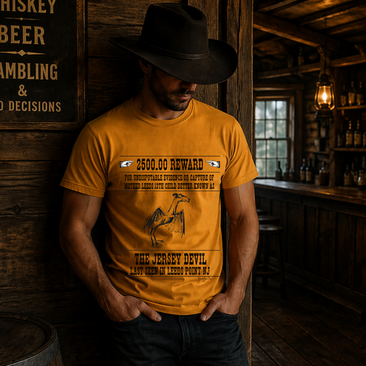 Man wearing a reward for the jersey devil t-shirt in a rustic bar setting.