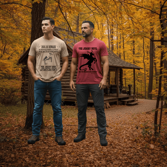 Two men wearing Jersey Devil T-shirts in the Pine Barrens