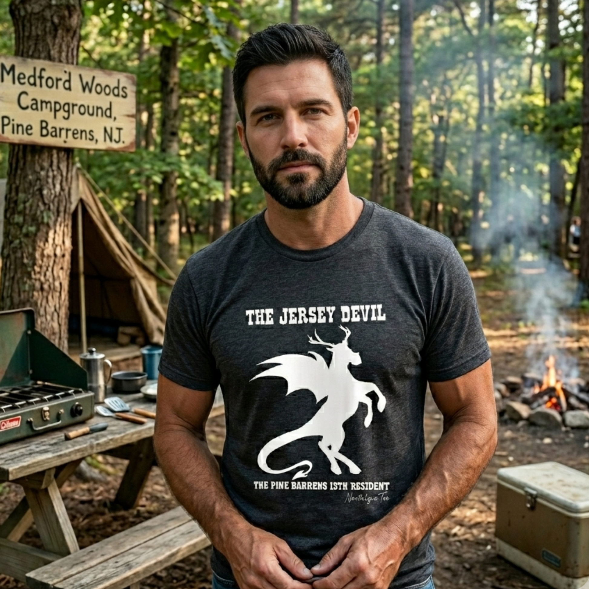 Charcoal Jersey Devil Graphic Tee man camping