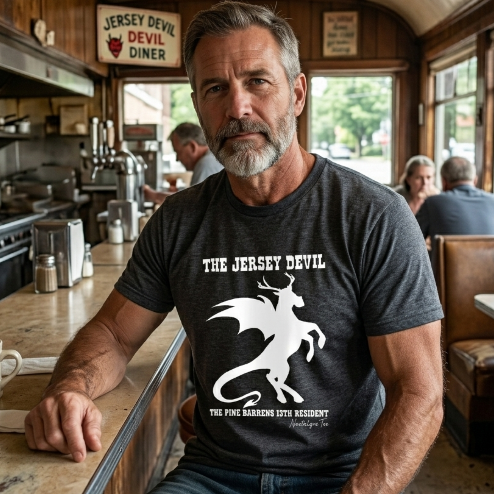 Man at the Jersey Devil Diner  wearing a devil tee