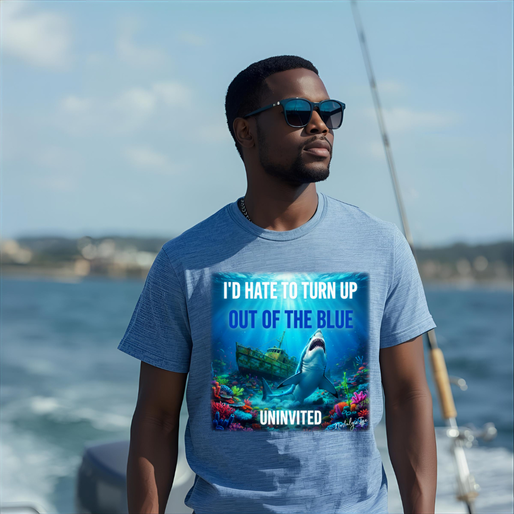 Man wearing a t-shirt with a shark graphic and text on a boat with ocean background