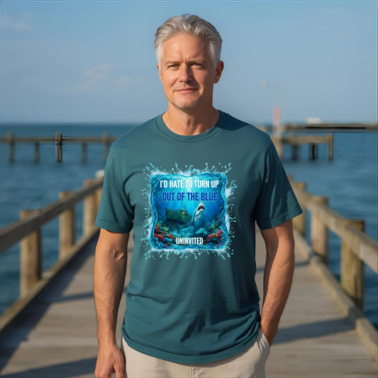 Man wearing a teal t-shirt with a graphic design by the ocean