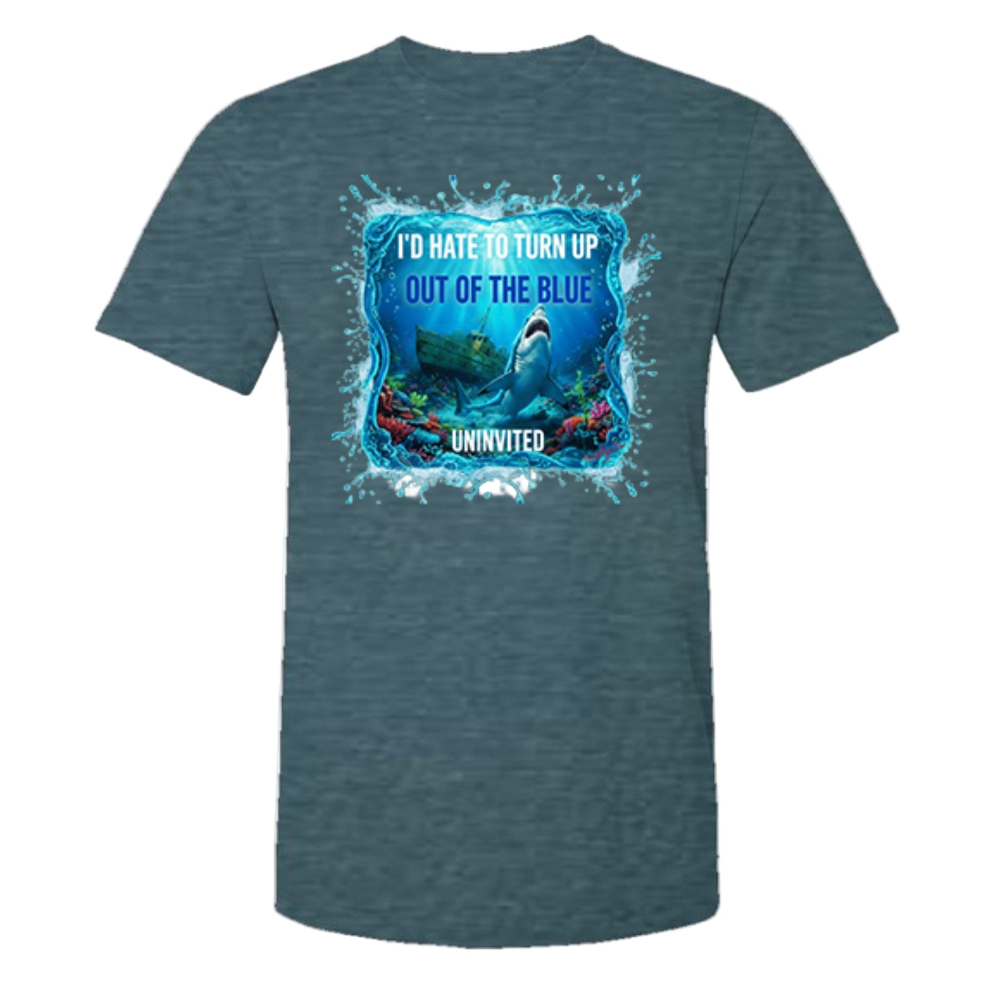 Blue t-shirt with shark graphic and text on a white background