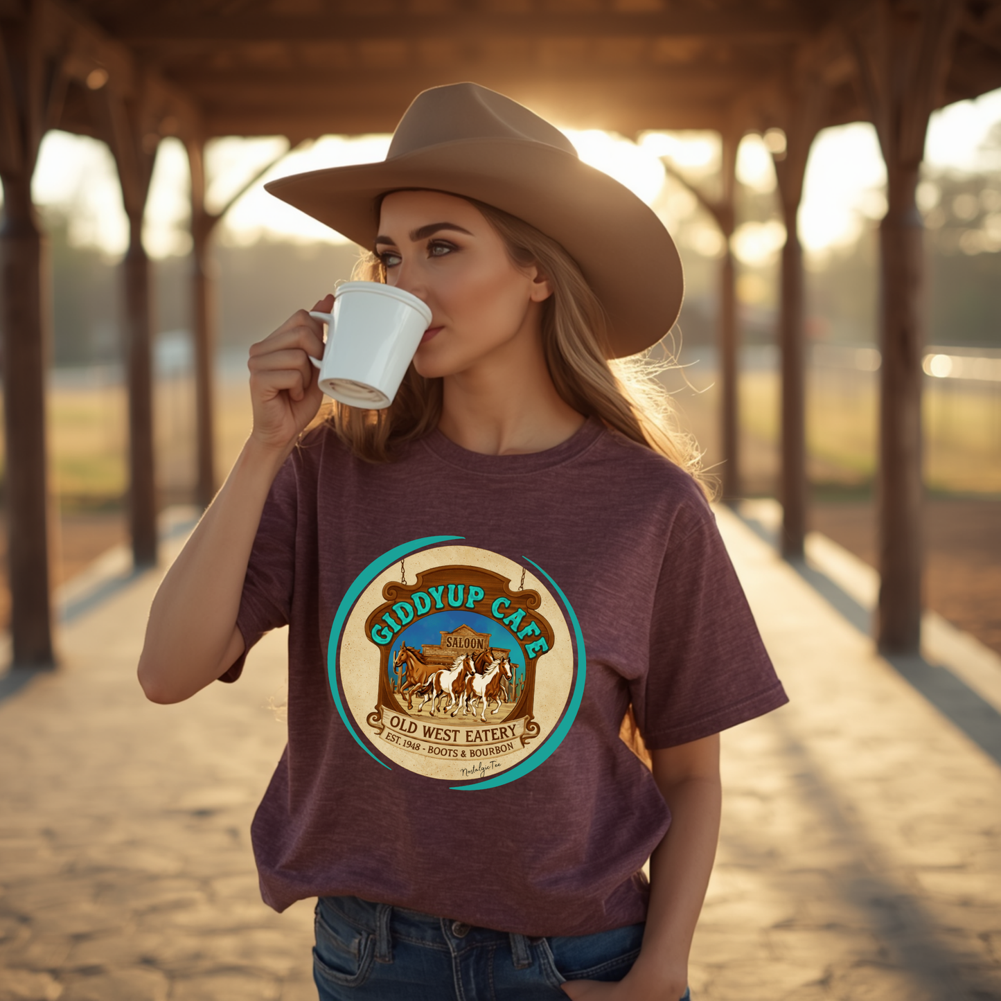 Cowgirl sipping coffee wearing her favorite T-Shirt Giddyup Cafe