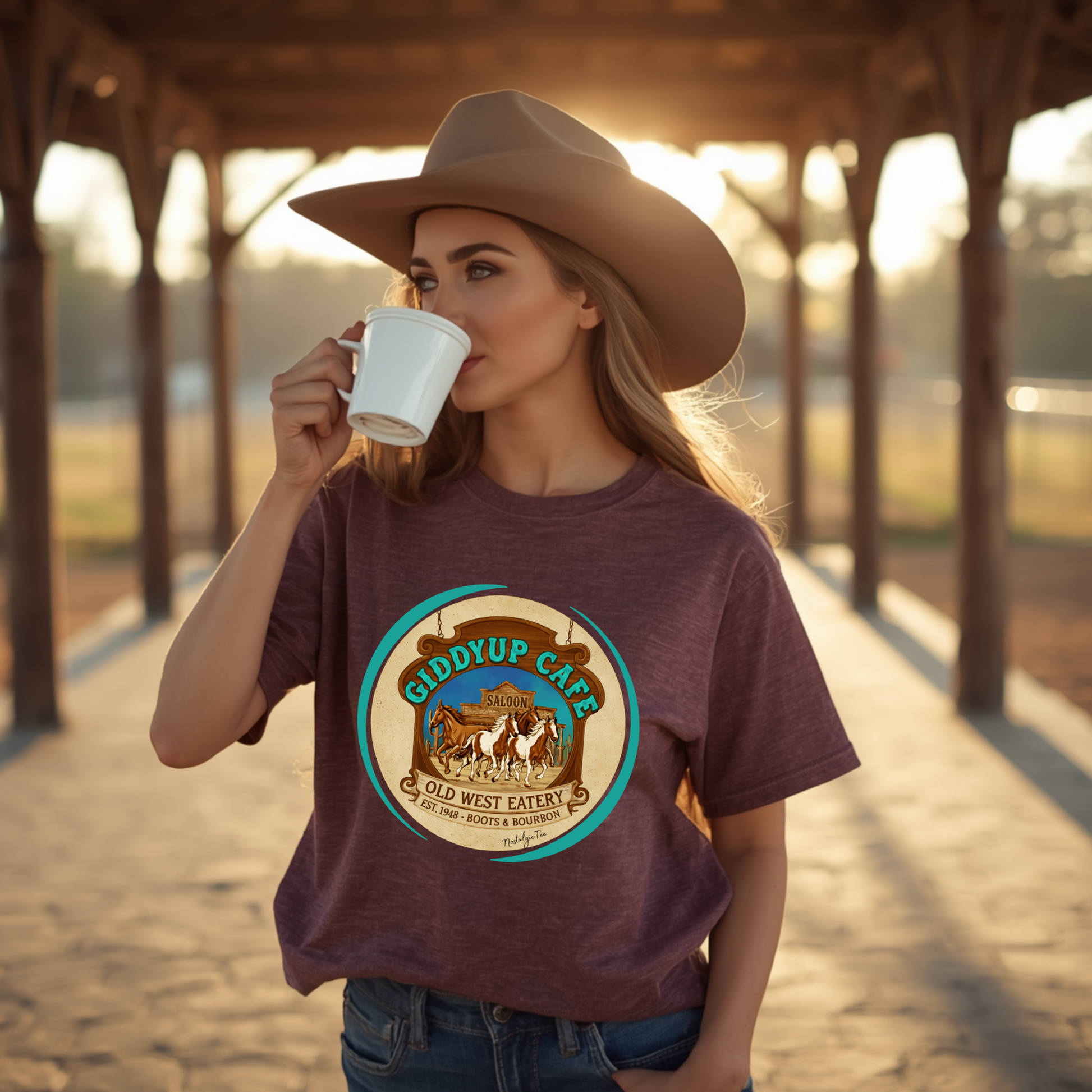 Cowgirl sipping coffee wearing her favorite T-Shirt Giddyup Cafe