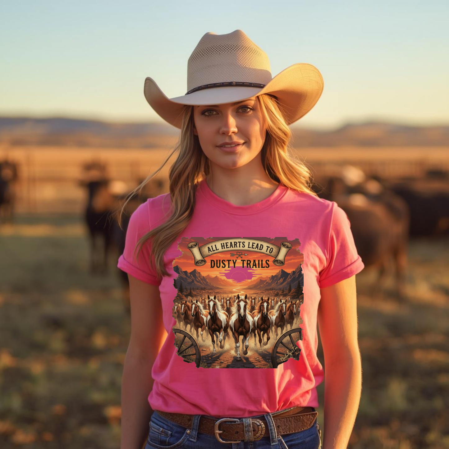 Woman wearing a pink t-shirt with a cowboy graphic and text, standing in a ranch setting.
