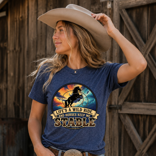 Woman wearing a wild horse life's a wild ride t-shirt
