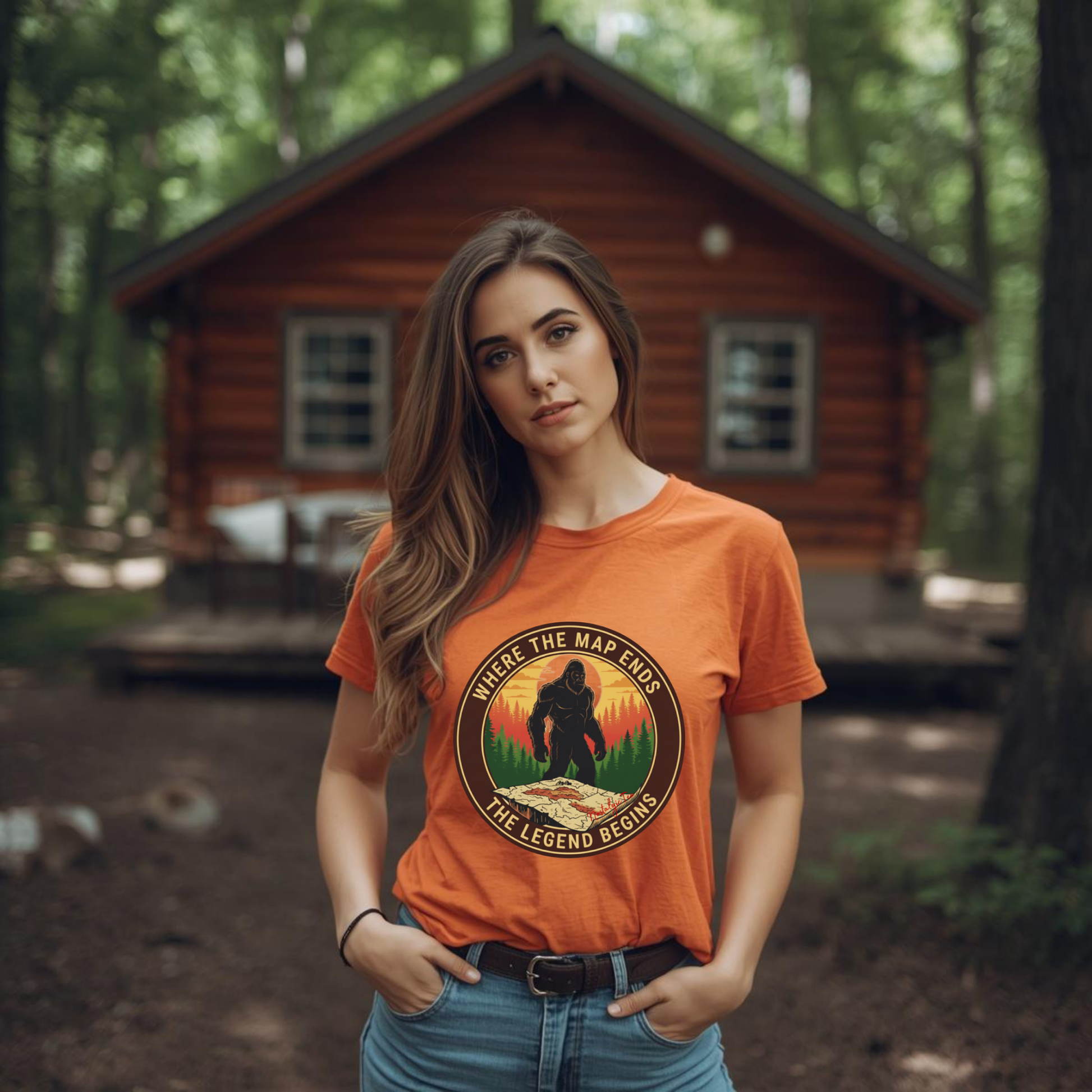 Woman wearing an orange t-shirt with a Bigfoot graphic in front of a wooden cabin in the woods.