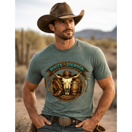 Man wearing a t-shirt with 'Boots & Bourbon' design in a desert setting