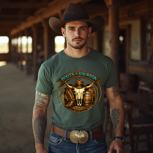Man wearing a green t-shirt with a 'Boots & Bourbon' design in a rustic setting.