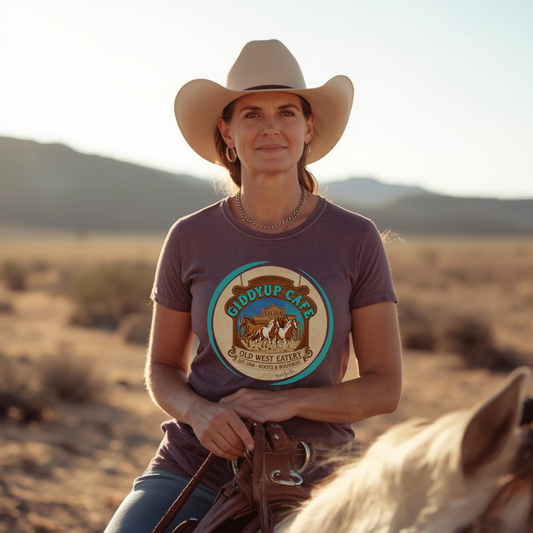 Woman sitting on her horse wearing a Giddyup Cafe tee