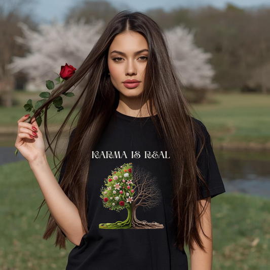 Woman wearing a black t-shirt with a tree graphic and Karma is Real text, holding a red rose in a natural setting.