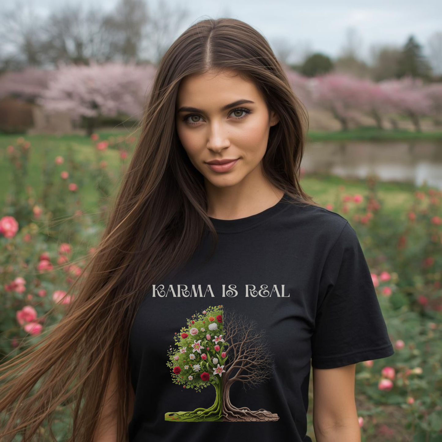 Woman wearing a her favorite tee, Karma is Real graphic in a garden setting