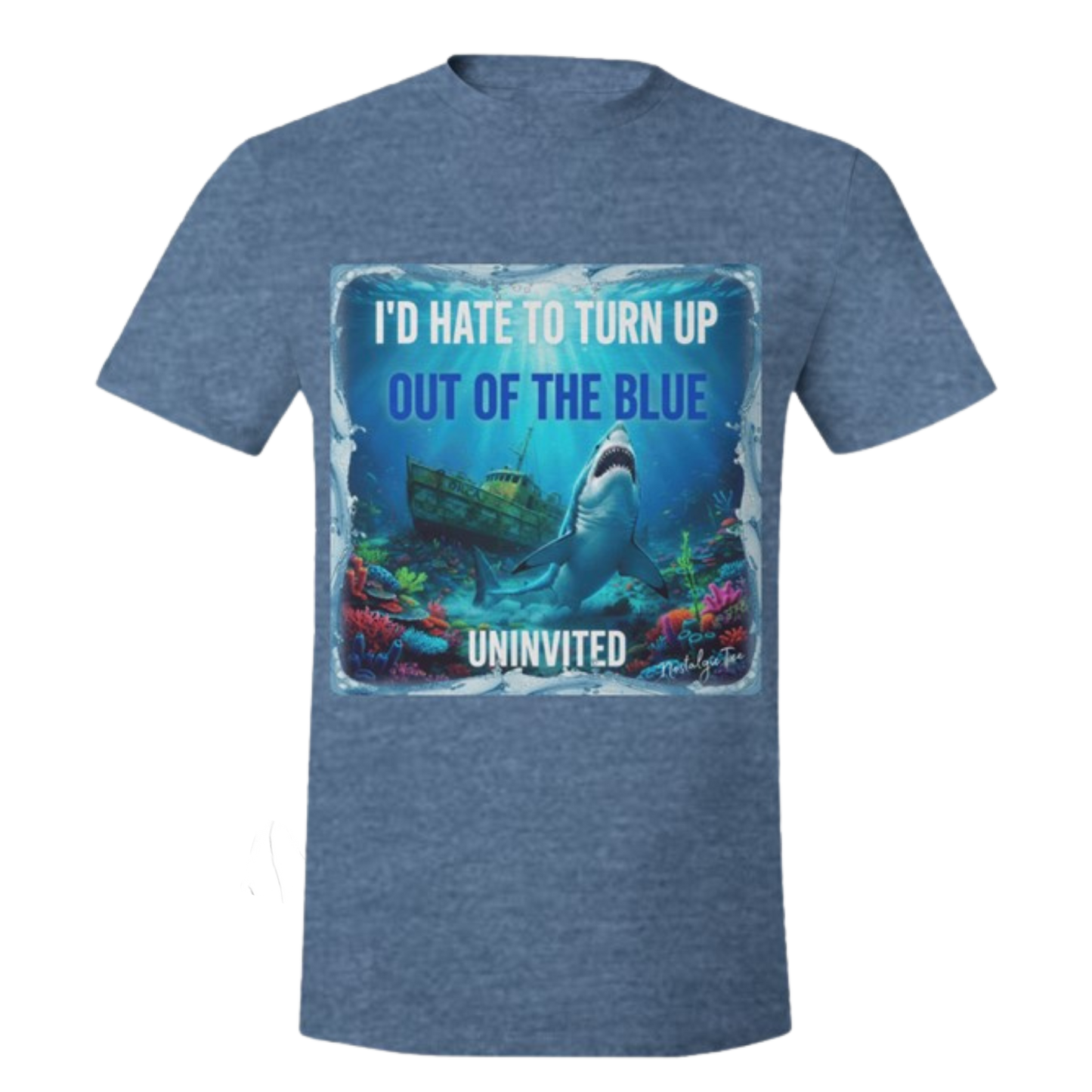 Uninvited Shark Graphic T-Shirt – Vintage Fishing Boat Funny Statement Tee