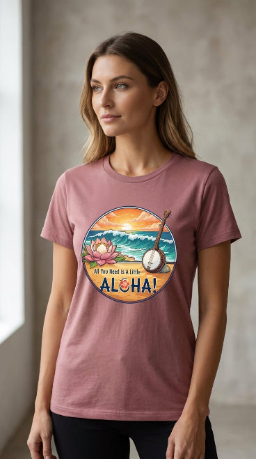 Woman wearing a pink t-shirt with a tropical design and 'Aloha' text.