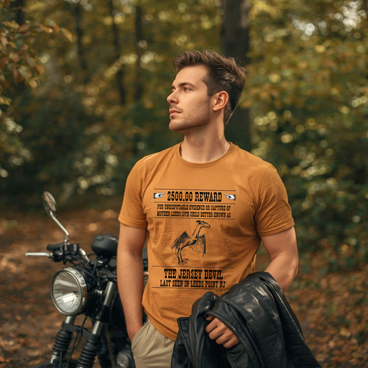Man wearing a jersey devil t-shirt next to his motorycle