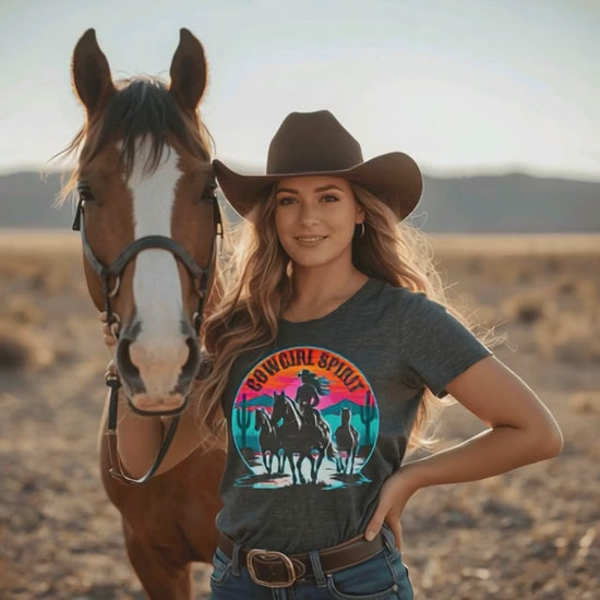Video of cowgirl kissing her horse in her cowgirl spirit horse tee