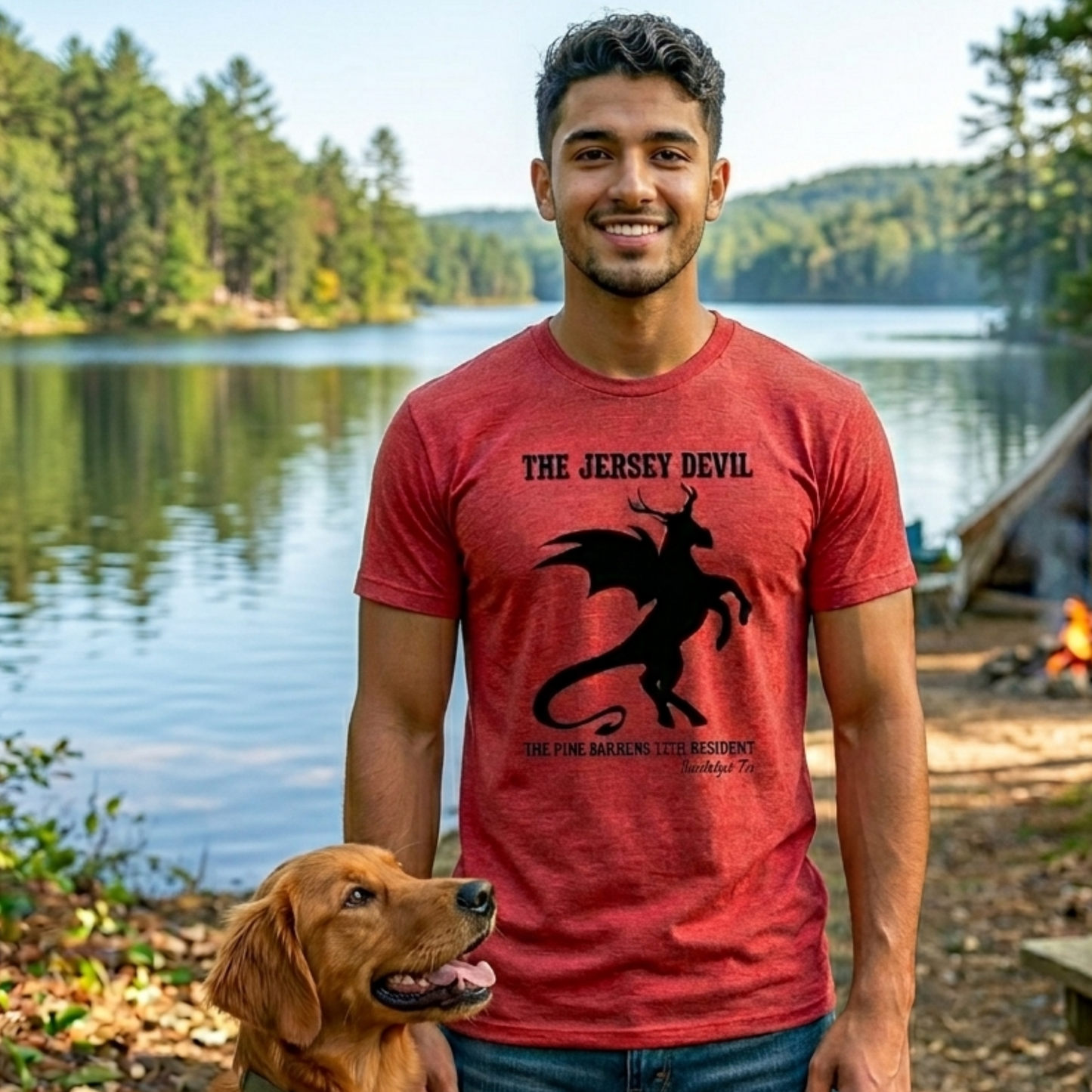 man and dog by a lake wearing jersey evil top