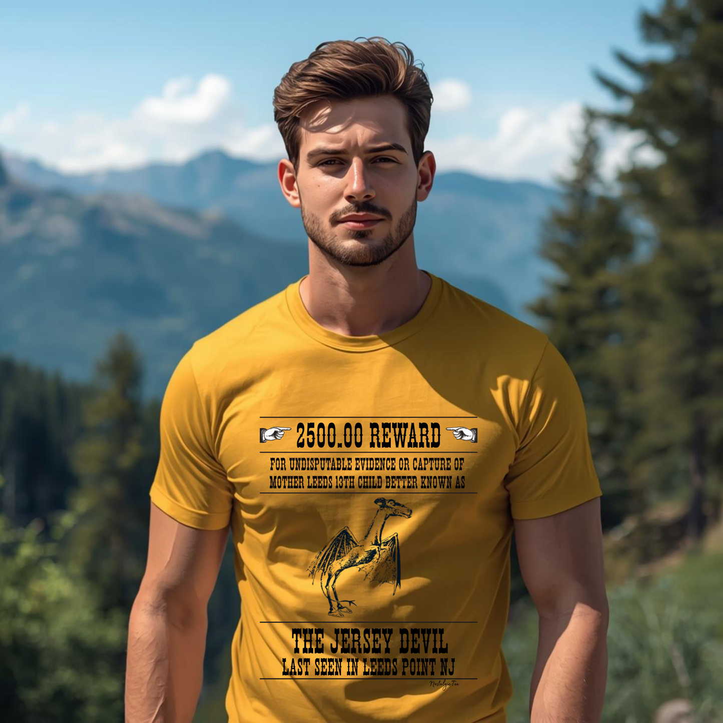 man wearing a jersey devil top in the woods