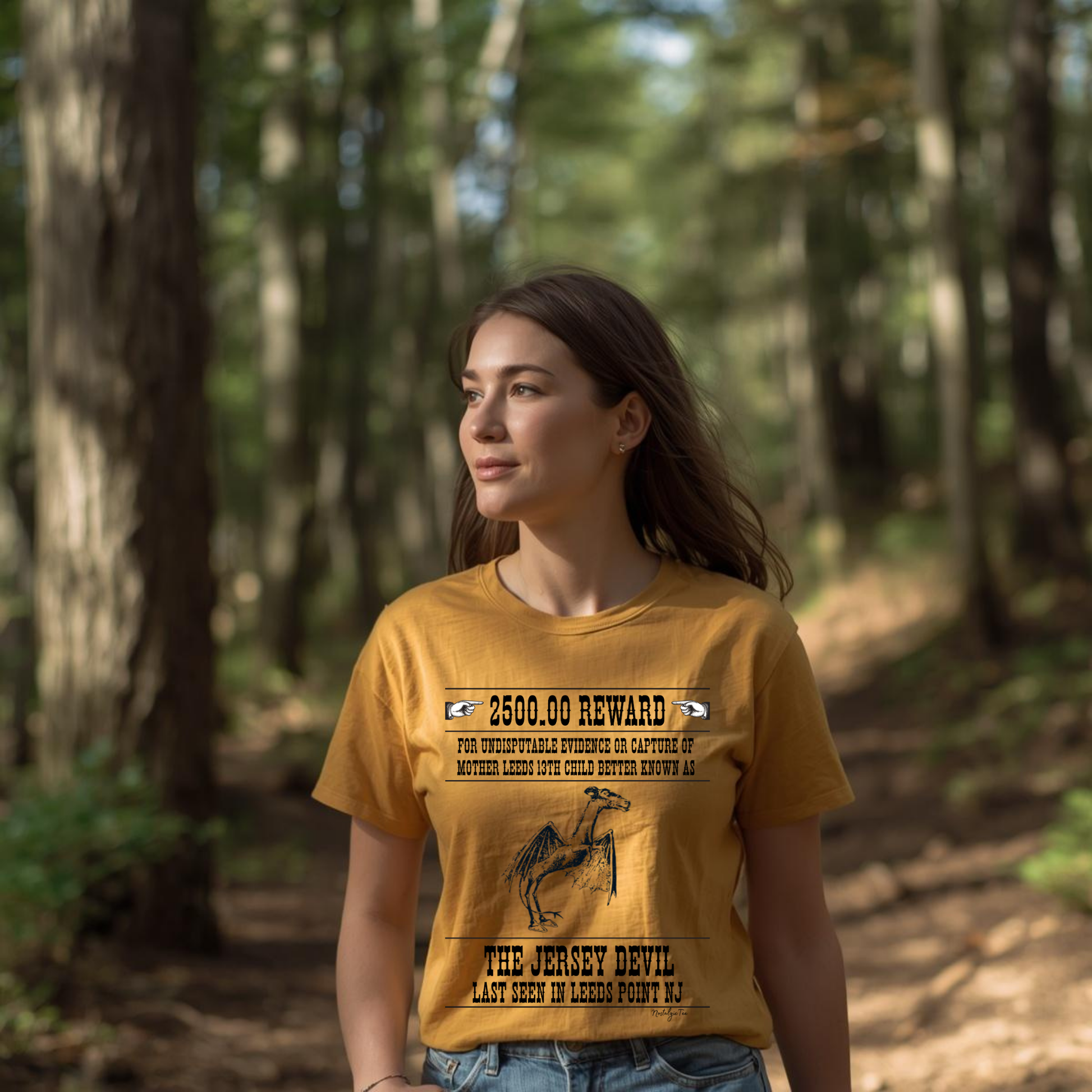 Woman wearing a reward for the jersey devil t-shirt in a forest setting