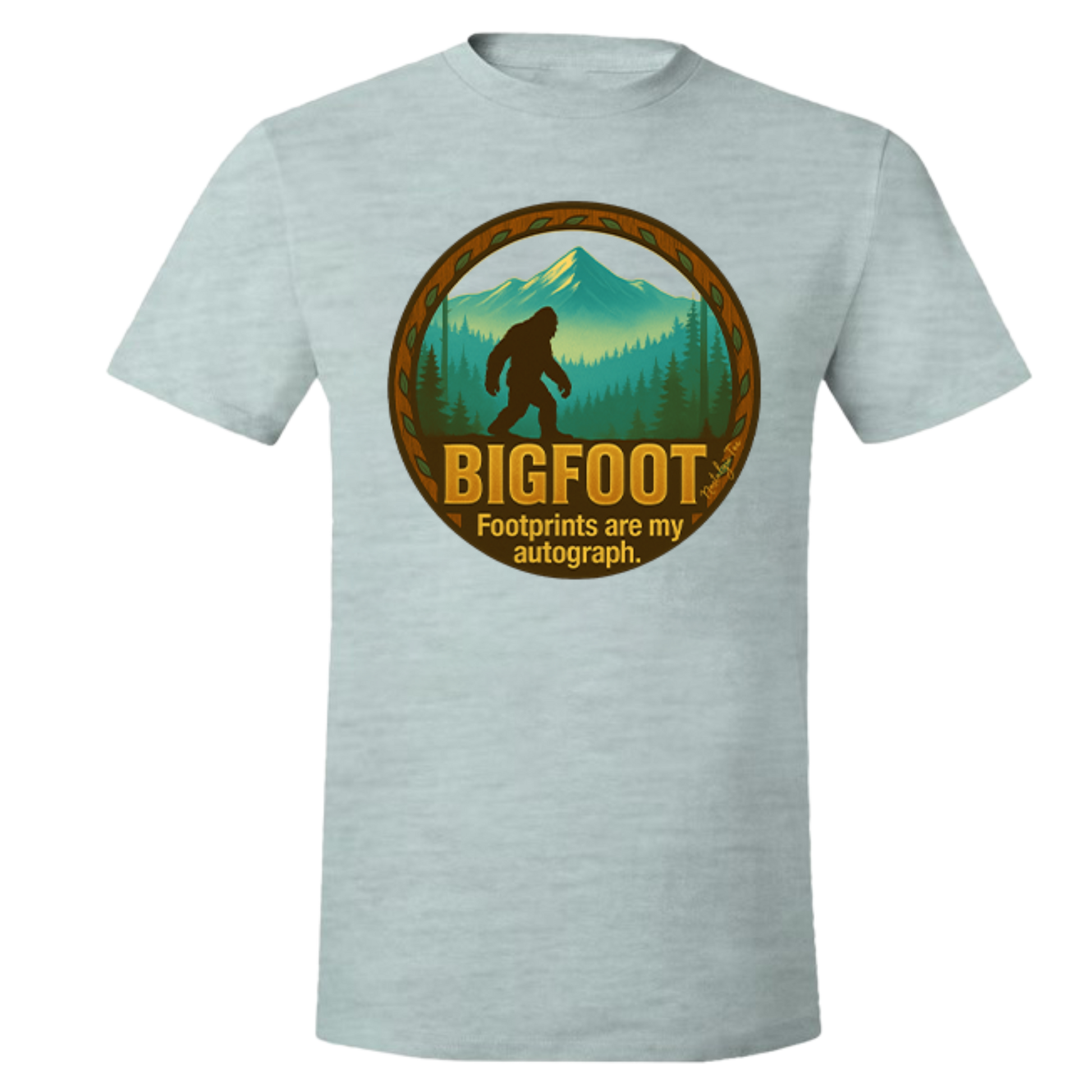 "Bigfoot Footprints Are My Autograph graphic t-shirt in Marbled Ice Fall".